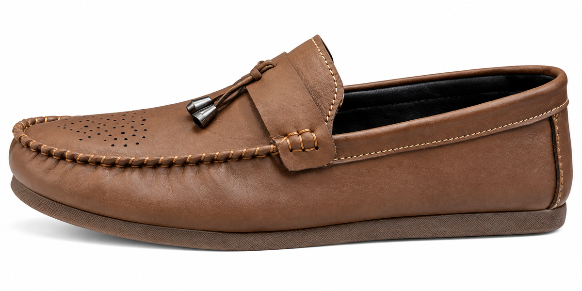 Men’s Brown Perforated Moc-Toe Loafers with Tassel Detail