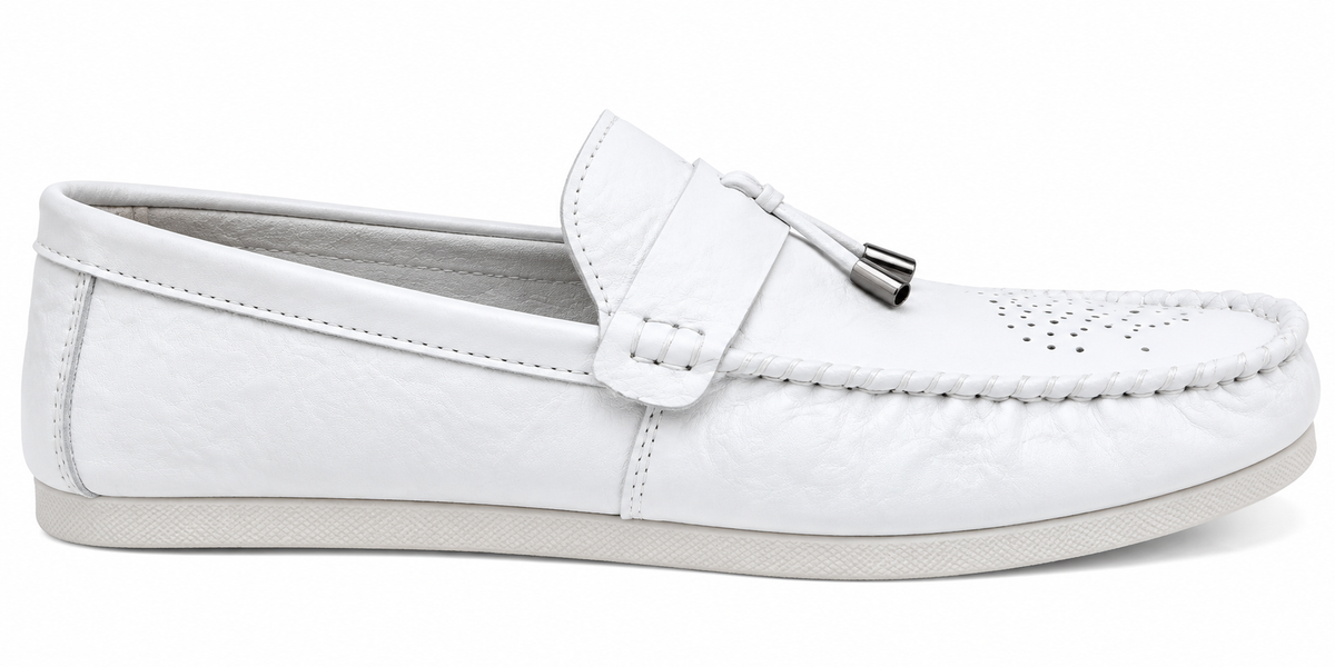 White Perforated Slip-On Loafers with Decorative Toggle Detail