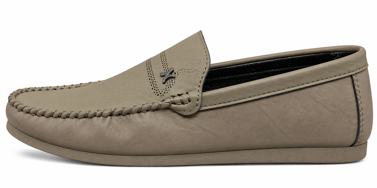Men’s Taupe Moc-Toe Slip-On Loafers with Metal Accent