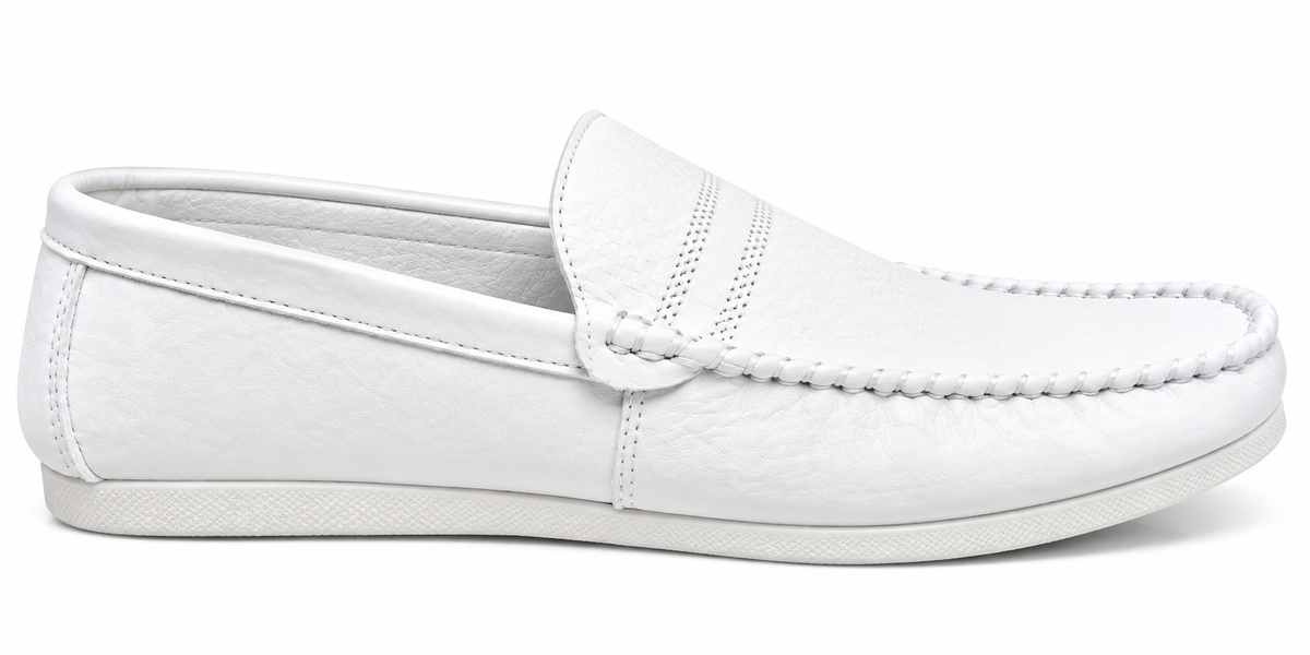 Men’s White Textured Slip-On Loafers with Metal Accent