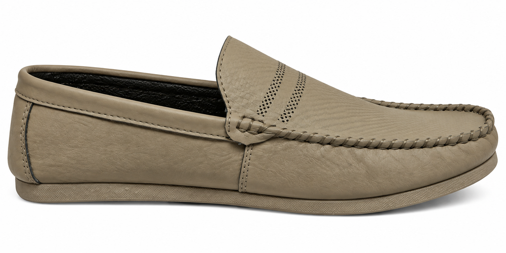 Men’s Taupe Moc-Toe Slip-On Loafers with Metal Accent