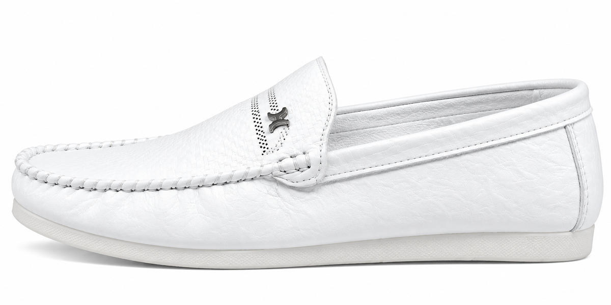 Men’s White Textured Slip-On Loafers with Metal Accent