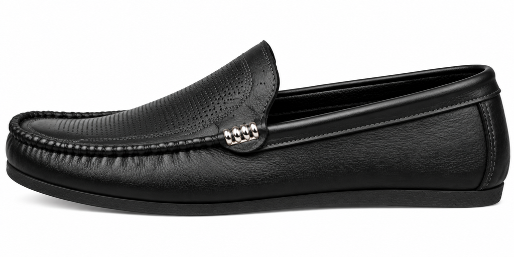 Men’s Black Perforated Loafers with Metal Accent