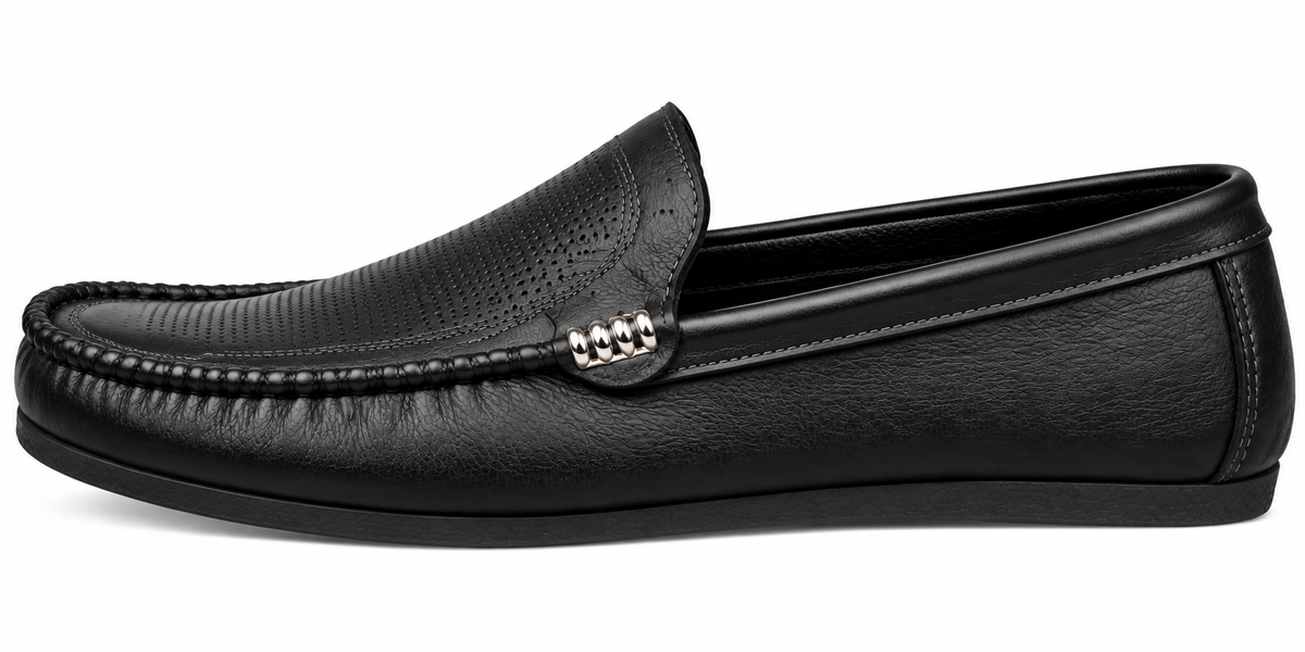 Men’s Black Perforated Loafers with Metal Accent