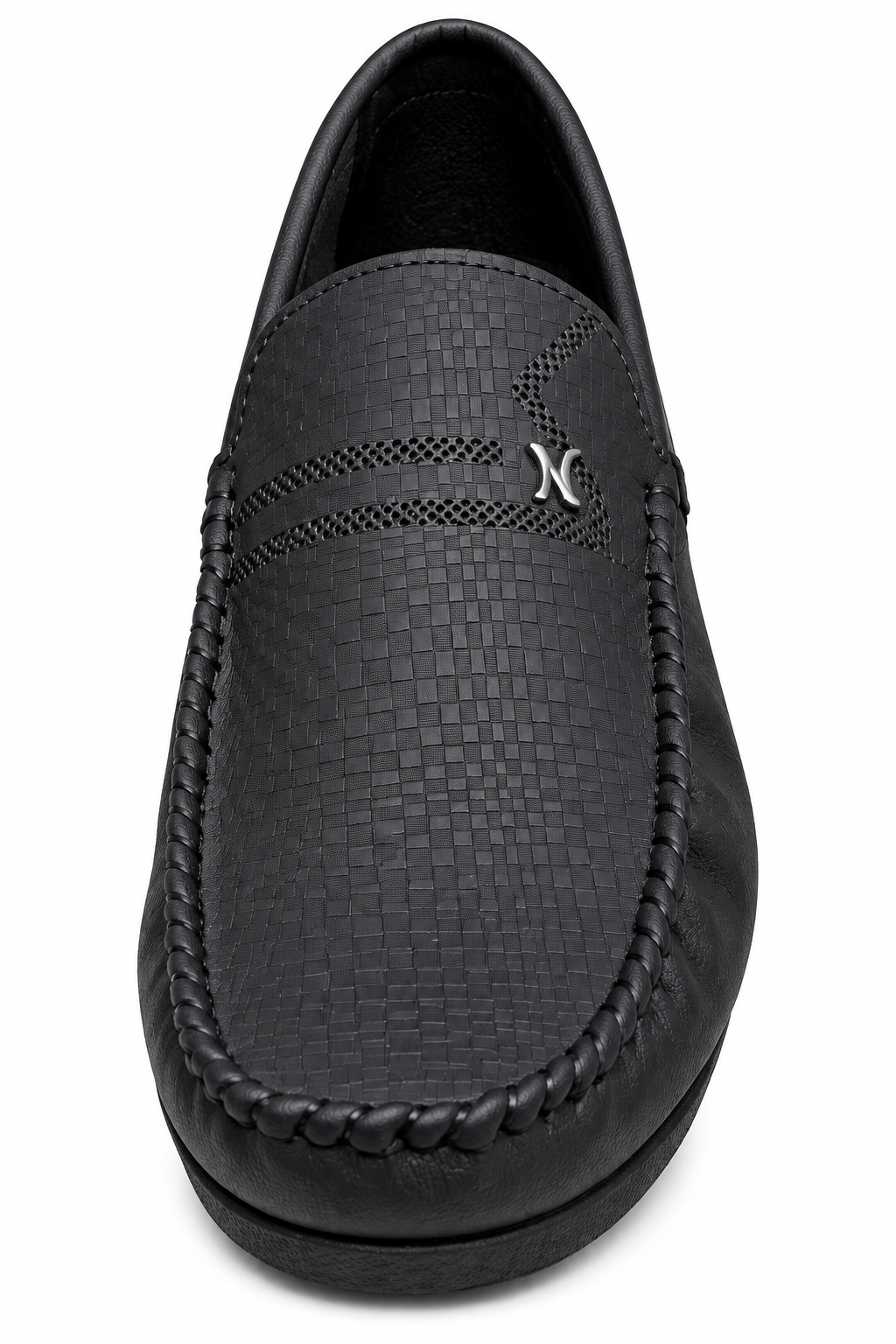 Men’s Black Textured Slip-On Loafers with Metal Accent