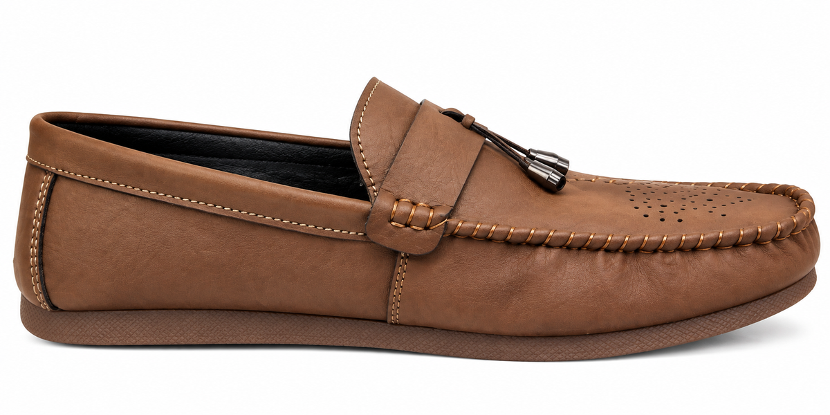 Men’s Brown Perforated Moc-Toe Loafers with Tassel Detail