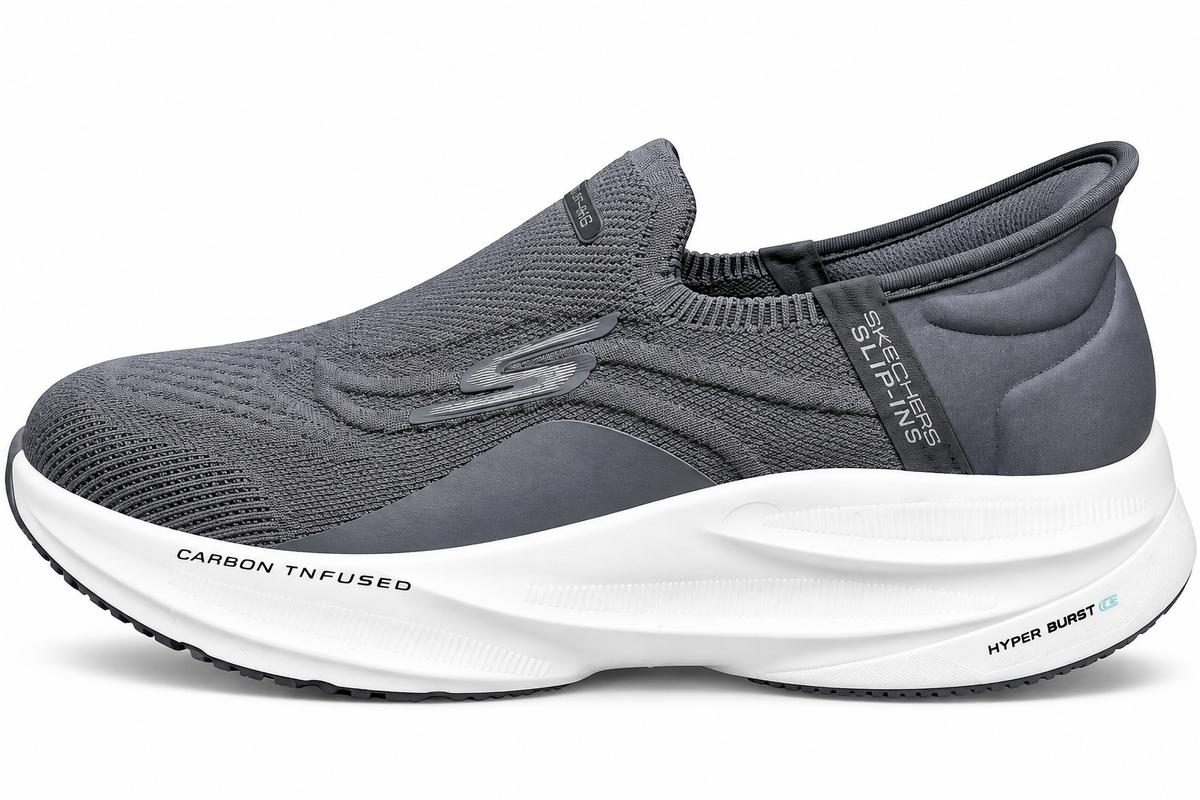 Skeche Slip-ins Carbon-Infused Knit Walking Shoes – Charcoal Gray with Hyper Burst Sole