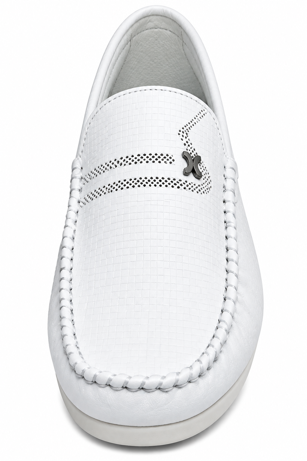 Men’s White Textured Slip-On Loafers with Metal Accent