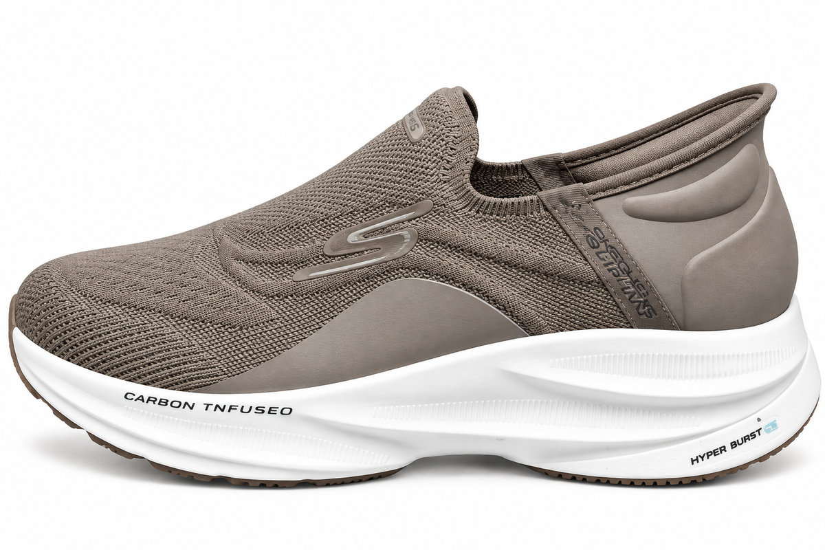 Skeche Slip-ins Carbon-Infused Knit Walking Shoes – Taupe with Hyper Burst Sole
