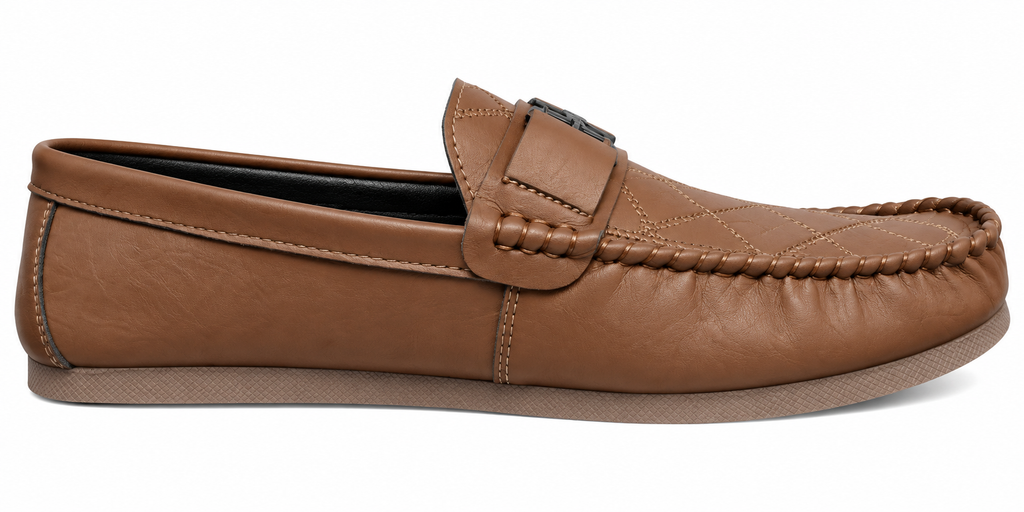 Men’s Tan Brown Moc-Toe Loafers with Buckle Detail
