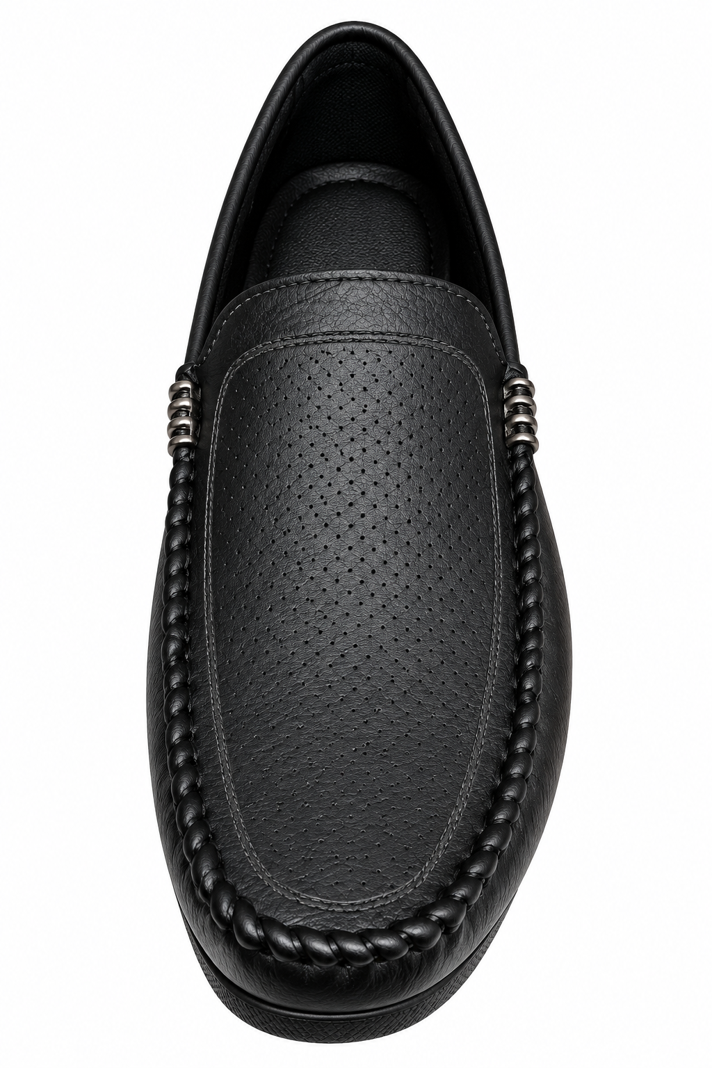 Men’s Black Perforated Loafers with Metal Accent