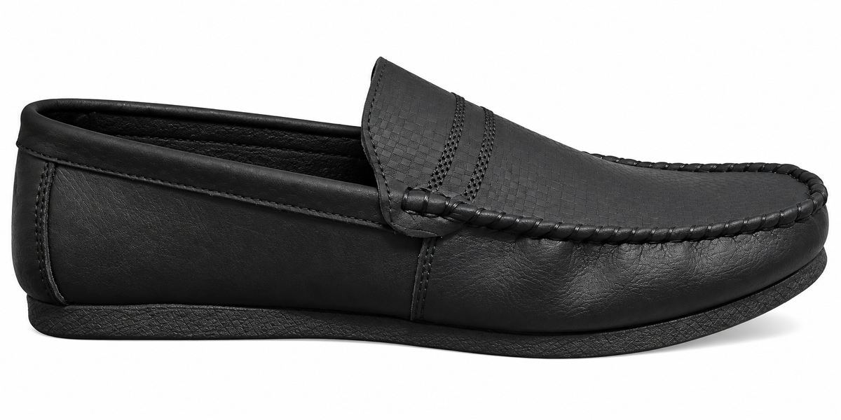 Men’s Black Textured Slip-On Loafers with Metal Accent