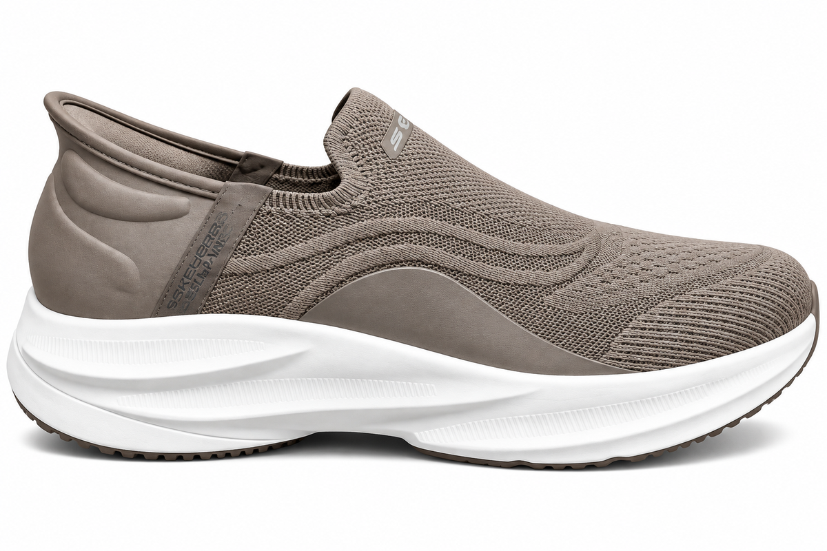 Skeche Slip-ins Carbon-Infused Knit Walking Shoes – Taupe with Hyper Burst Sole