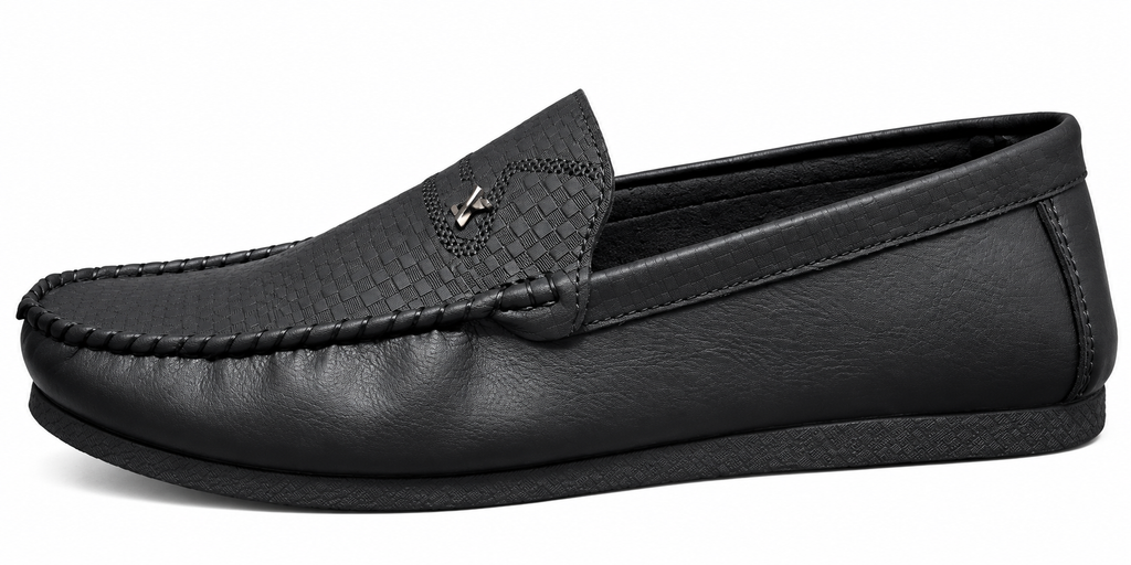 Men’s Black Textured Slip-On Loafers with Metal Accent