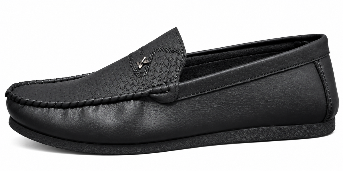 Men’s Black Textured Slip-On Loafers with Metal Accent