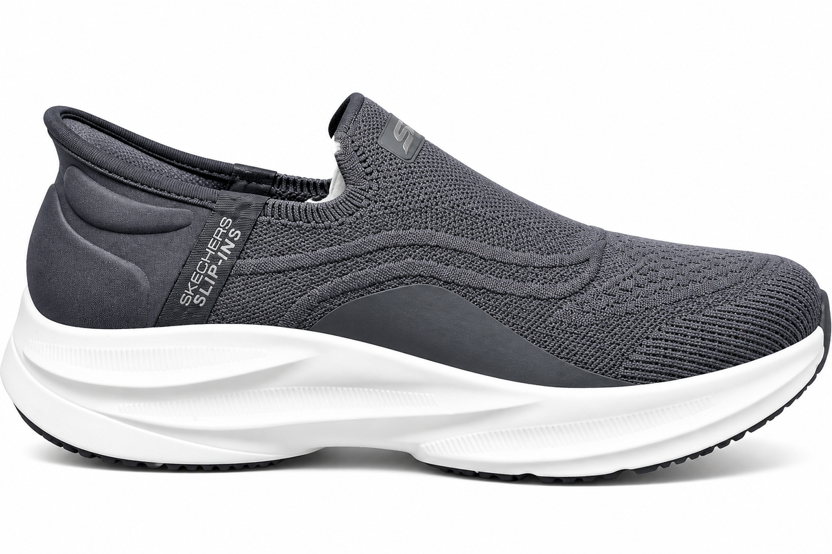 Skeche Slip-ins Carbon-Infused Knit Walking Shoes – Charcoal Gray with Hyper Burst Sole
