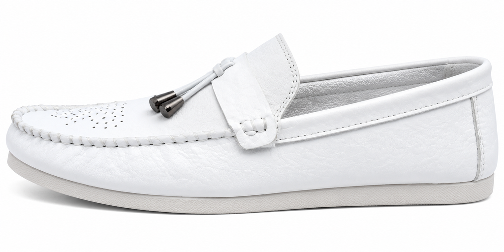 White Perforated Slip-On Loafers with Decorative Toggle Detail