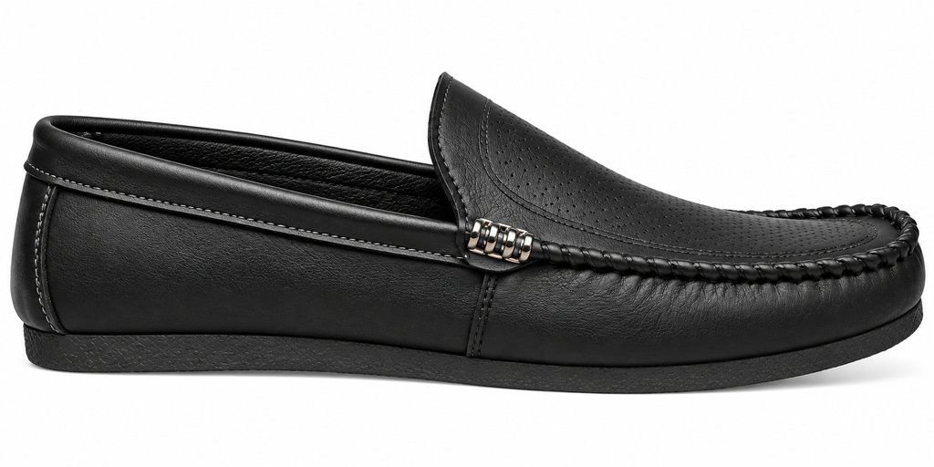 Men’s Black Perforated Loafers with Metal Accent