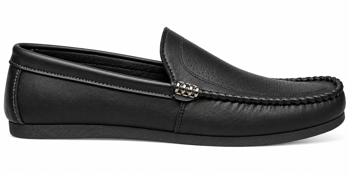 Men’s Black Perforated Loafers with Metal Accent