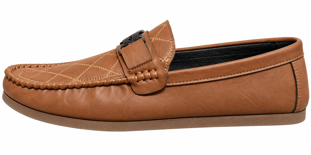 Men’s Tan Brown Moc-Toe Loafers with Buckle Detail